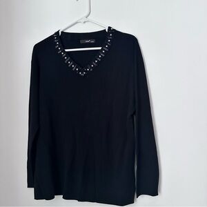 Evis Black Embellished Vneck Long Sleeve Blouse